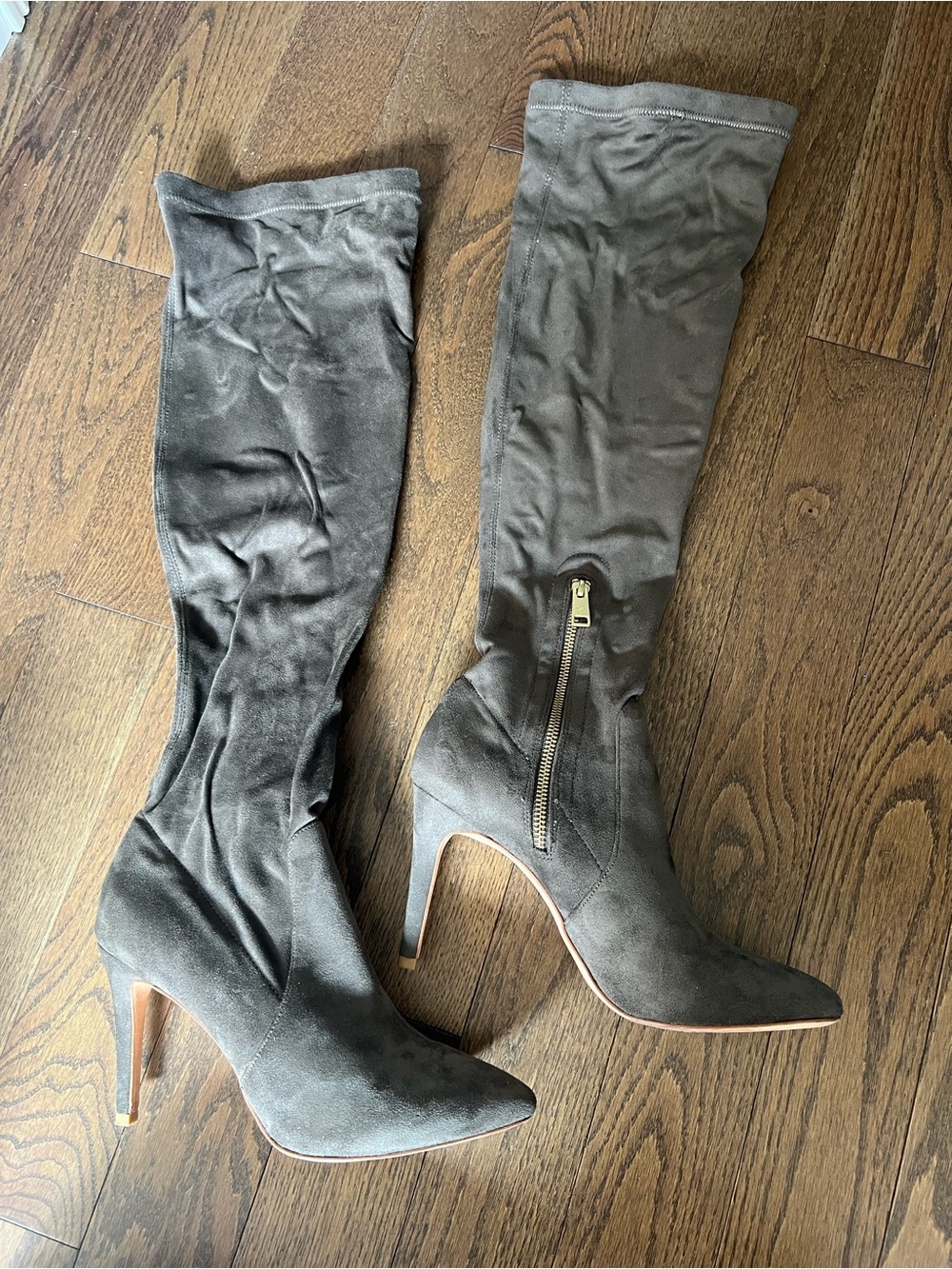 Joie Gray Suede Pointed-Toe Ankle Boots with Gold Zipper